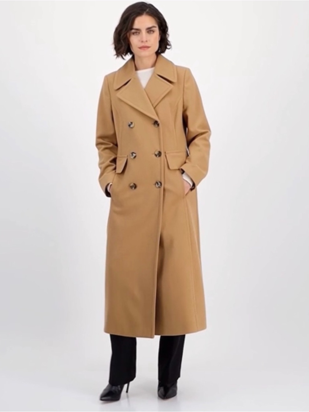 Anne Klein Women's Double-Breasted Long Camel Pea Coat